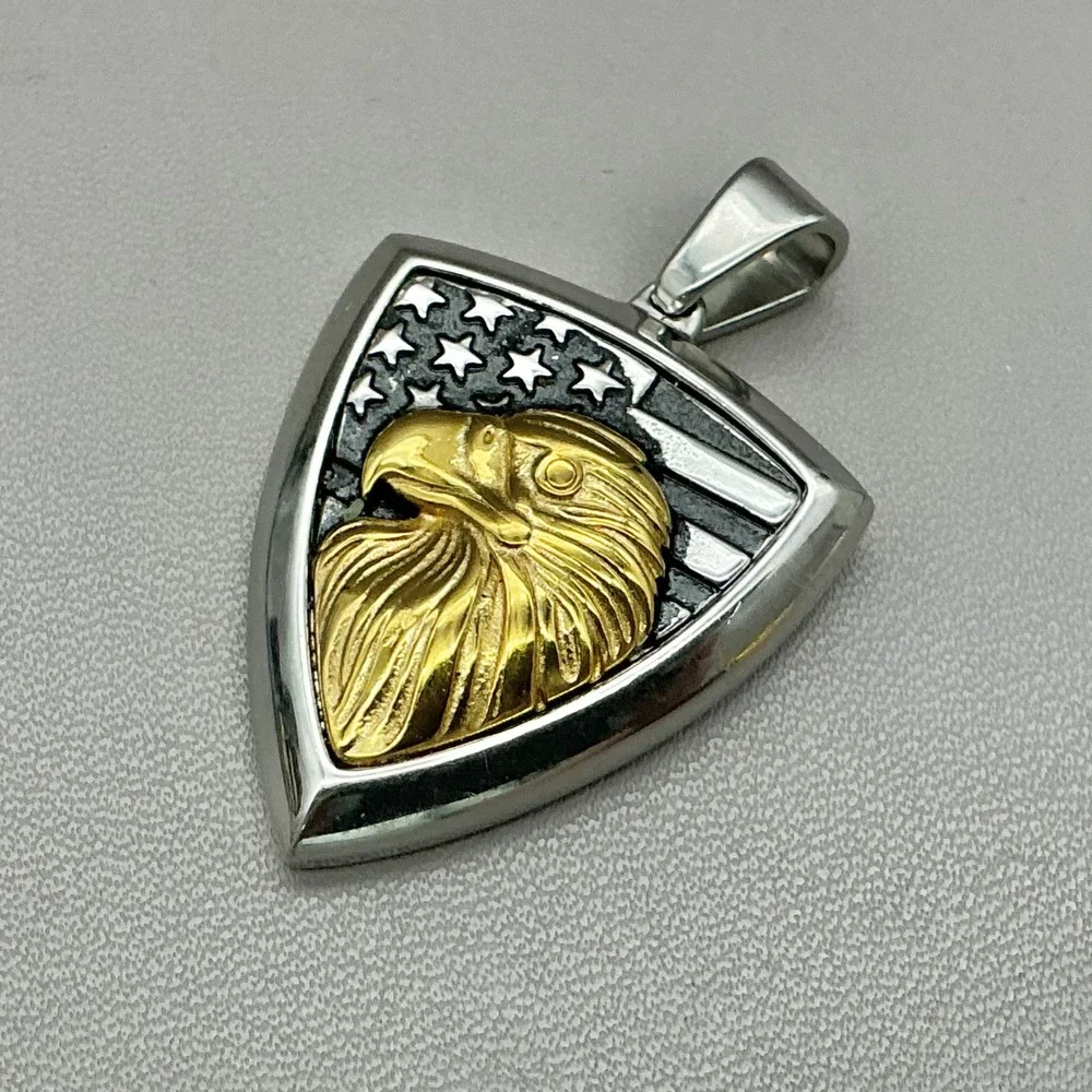 Stainless Steel Bald Eagle American Flag Shield Pendant Gold Tone Patriotic